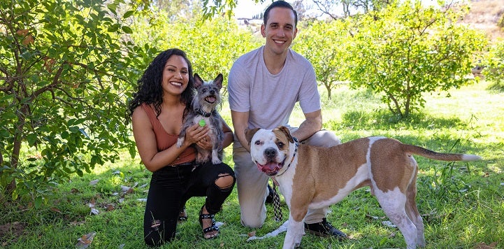 Couple with two dogs outside in grass and in front of trees